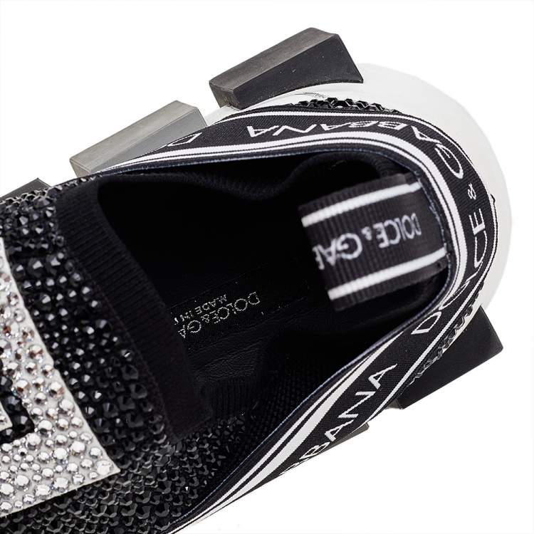مملوكة مسبقًا Dolce & Gabbana Black/White Knit Fabric Crystal Embellished Sorrento Slip On Sneakers Size 39.5