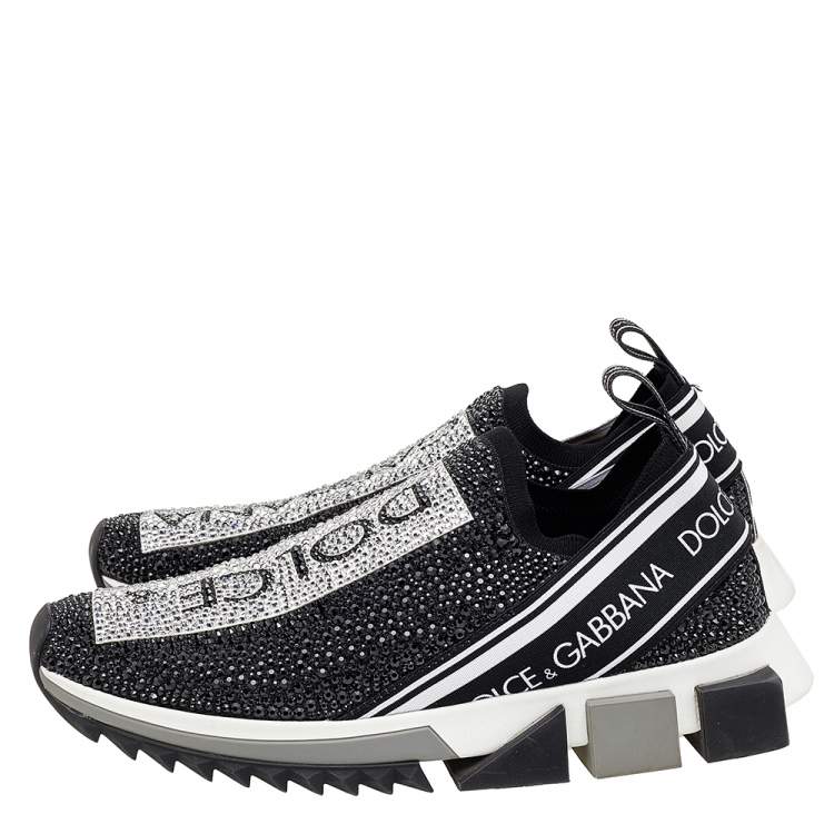 مملوكة مسبقًا Dolce & Gabbana Black/White Knit Fabric Crystal Embellished Sorrento Slip On Sneakers Size 39.5