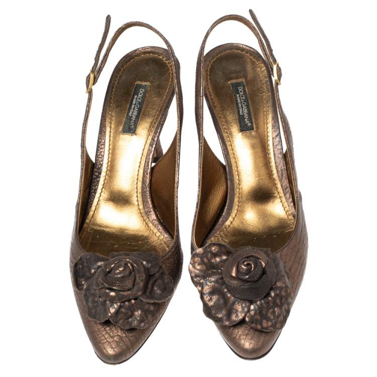 Pre Owned Dolce & Gabbana Copper Textured Leather Floral Applique Slingback Pumps Size 38 