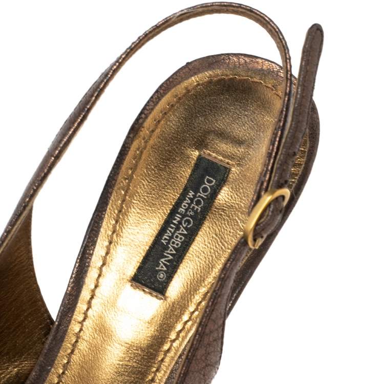 Pre Owned Dolce & Gabbana Copper Textured Leather Floral Applique Slingback Pumps Size 38 