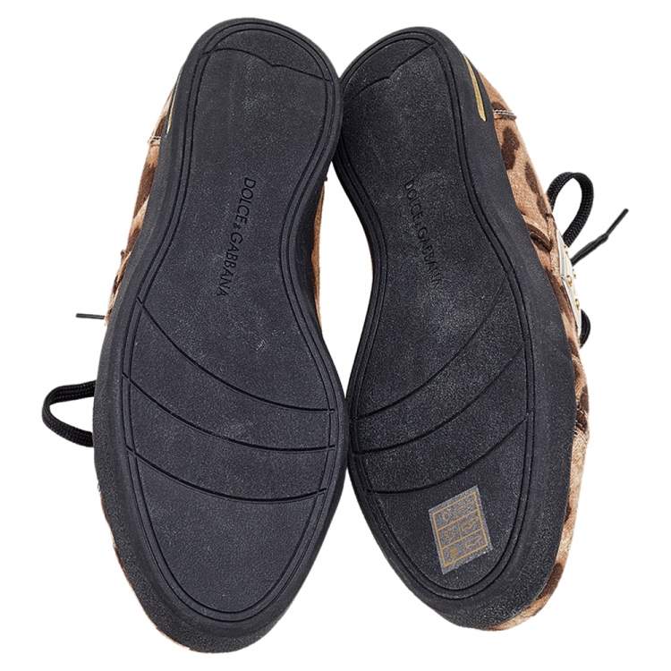 Pre Owned Dolce & Gabbana Brown Leopard Print Knit Fabric Low Top Sneakers Size 37
