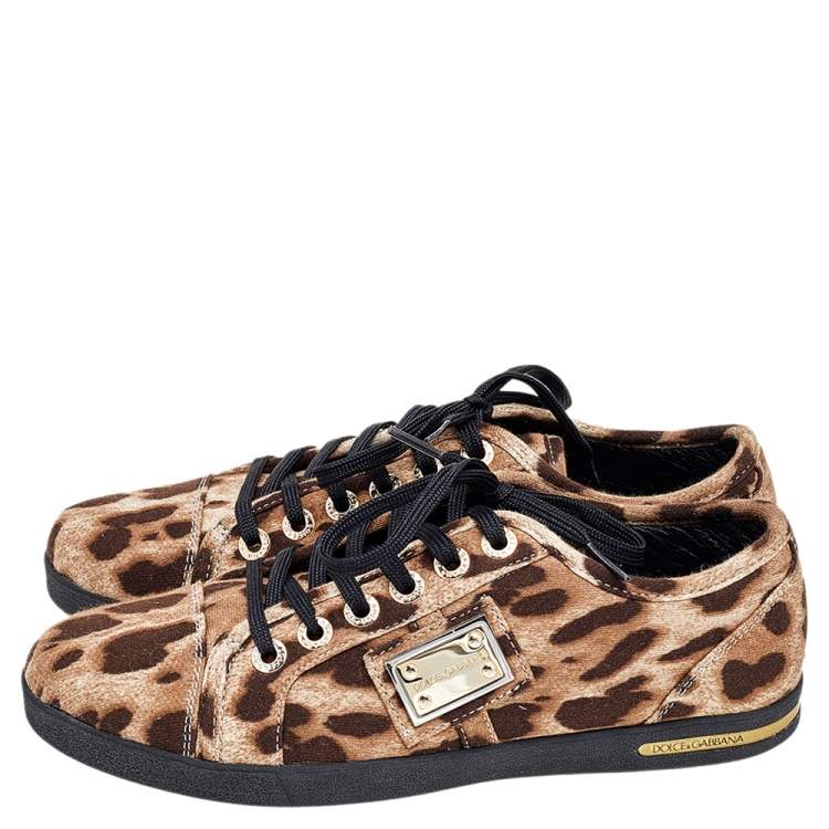 Pre Owned Dolce & Gabbana Brown Leopard Print Knit Fabric Low Top Sneakers Size 37
