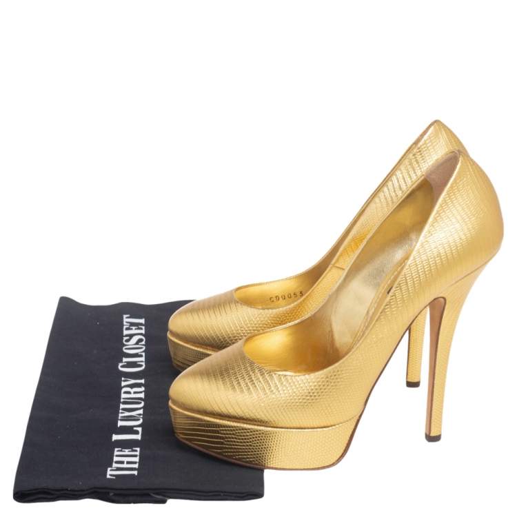 Pre Owned Dolce & Gabbana Gold Lizard Embossed Leather Platform  Pumps Size 38