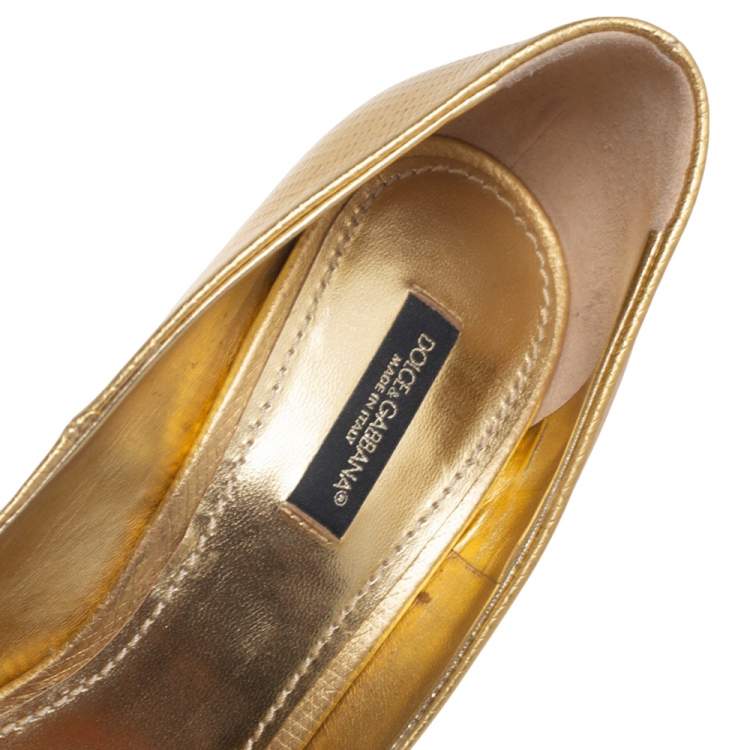 Pre Owned Dolce & Gabbana Gold Lizard Embossed Leather Platform  Pumps Size 38