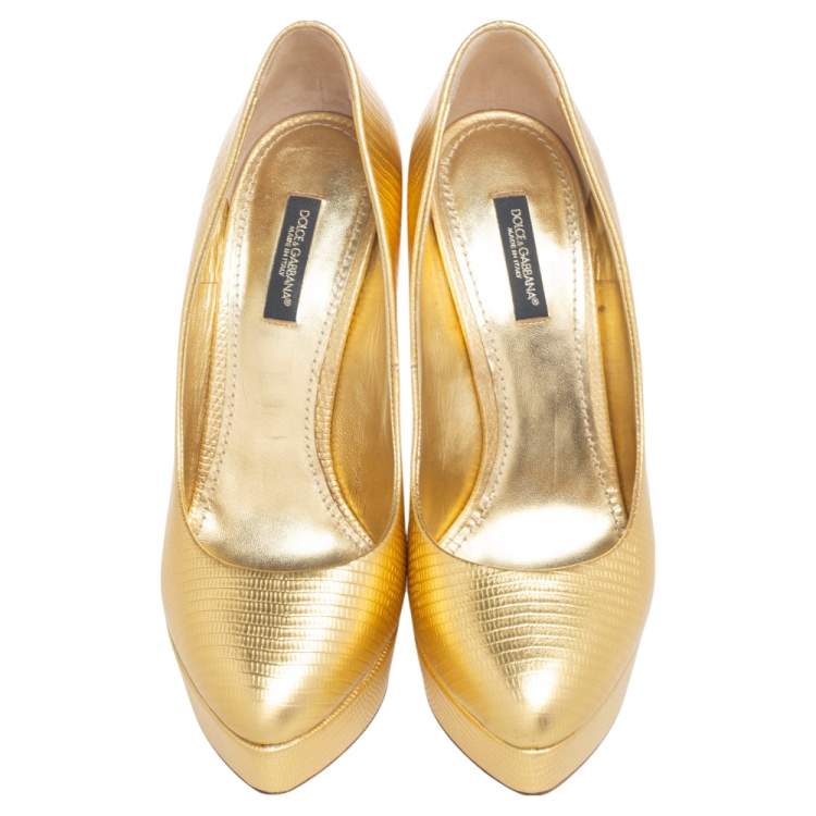 Pre Owned Dolce & Gabbana Gold Lizard Embossed Leather Platform  Pumps Size 38