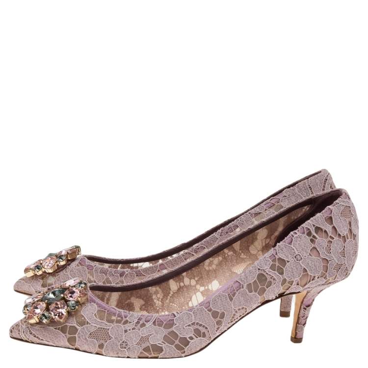 Pre Owned Dolce & Gabbana Pink Lace Bellucci Crystal Embellished Pointed Toe Pumps Size 39.5