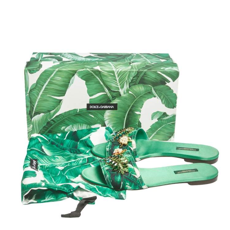 Pre Owned Dolce & Gabbana Green/White Banana Leaf-Print Fabric Crystal Embellished Flat Sandals Size 38