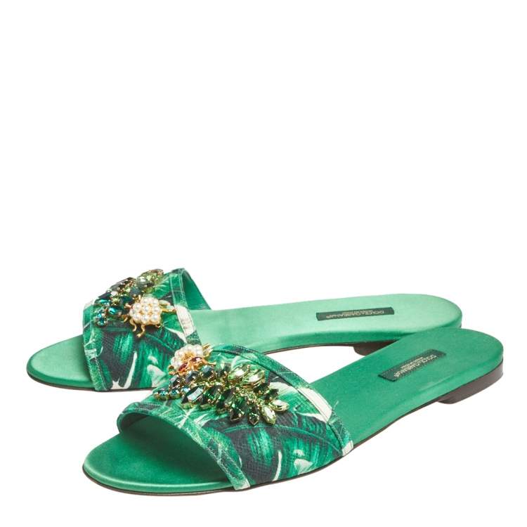 Pre Owned Dolce & Gabbana Green/White Banana Leaf-Print Fabric Crystal Embellished Flat Sandals Size 38