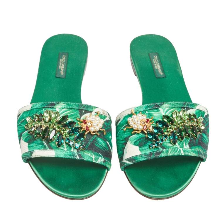 Pre Owned Dolce & Gabbana Green/White Banana Leaf-Print Fabric Crystal Embellished Flat Sandals Size 38