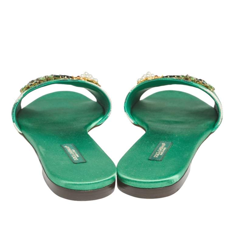 Pre Owned Dolce & Gabbana Green/White Banana Leaf-Print Fabric Crystal Embellished Flat Sandals Size 38