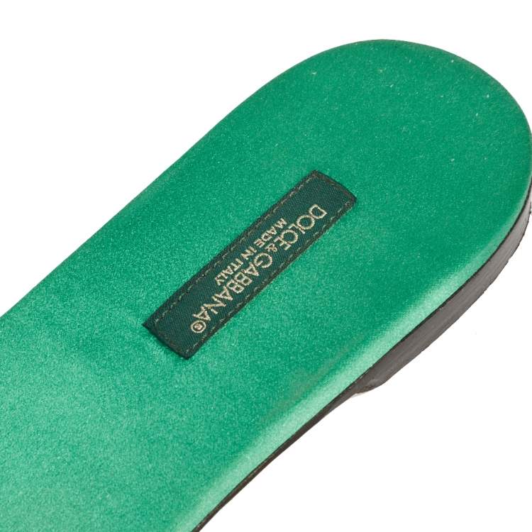 Pre Owned Dolce & Gabbana Green/White Banana Leaf-Print Fabric Crystal Embellished Flat Sandals Size 38