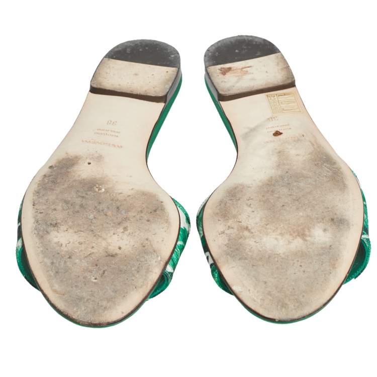 Pre Owned Dolce & Gabbana Green/White Banana Leaf-Print Fabric Crystal Embellished Flat Sandals Size 38