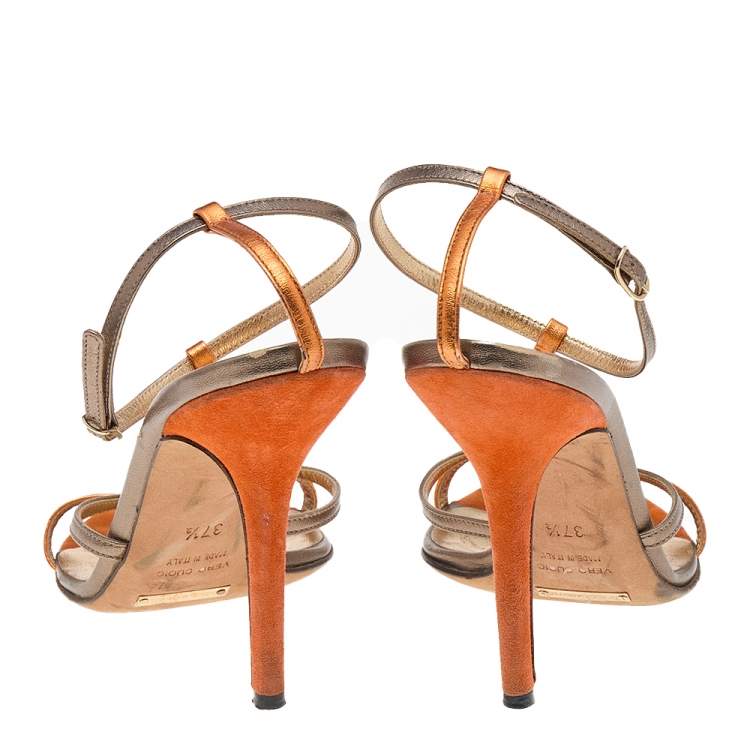 Pre Owned Dolce & Gabbana Metallic Orange/Gold Leather Ankle Strap Sandals Size 37.5