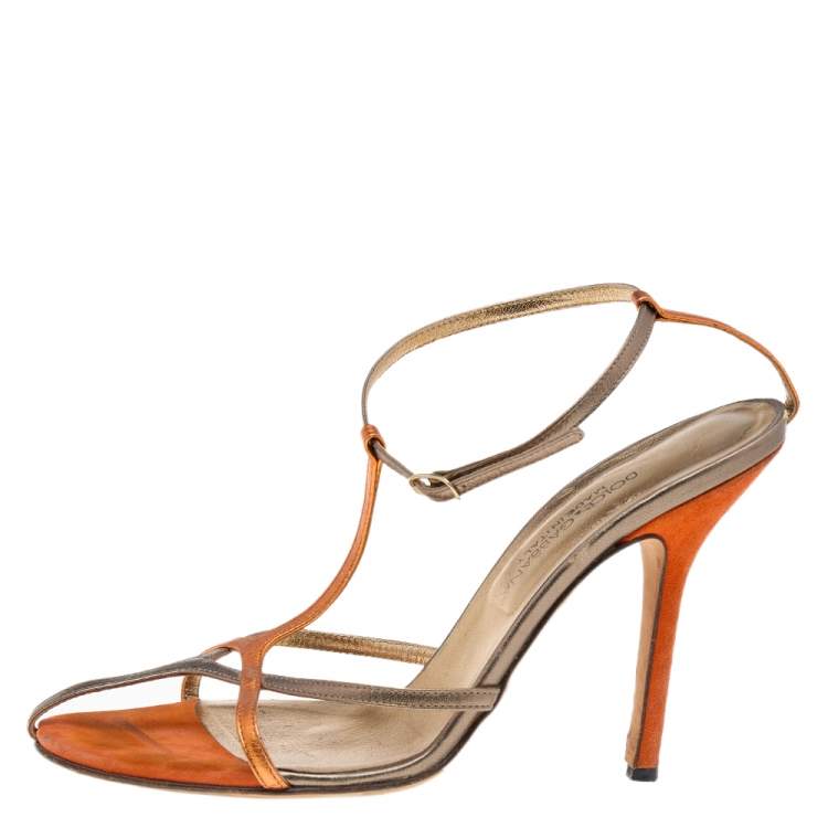 Pre Owned Dolce & Gabbana Metallic Orange/Gold Leather Ankle Strap Sandals Size 37.5