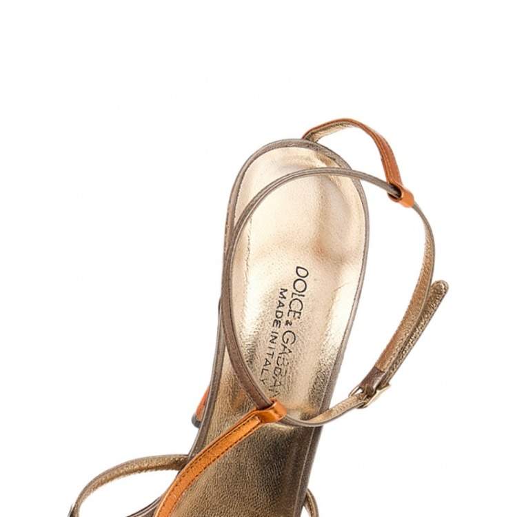Pre Owned Dolce & Gabbana Metallic Orange/Gold Leather Ankle Strap Sandals Size 37.5