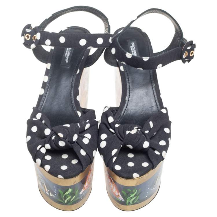 Pre Owned Dolce & Gabbana Black/White Knotted Polka Dot Fabric Cady Platform Wedge Sandals Size 37