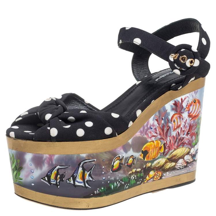 Pre Owned Dolce & Gabbana Black/White Knotted Polka Dot Fabric Cady Platform Wedge Sandals Size 37