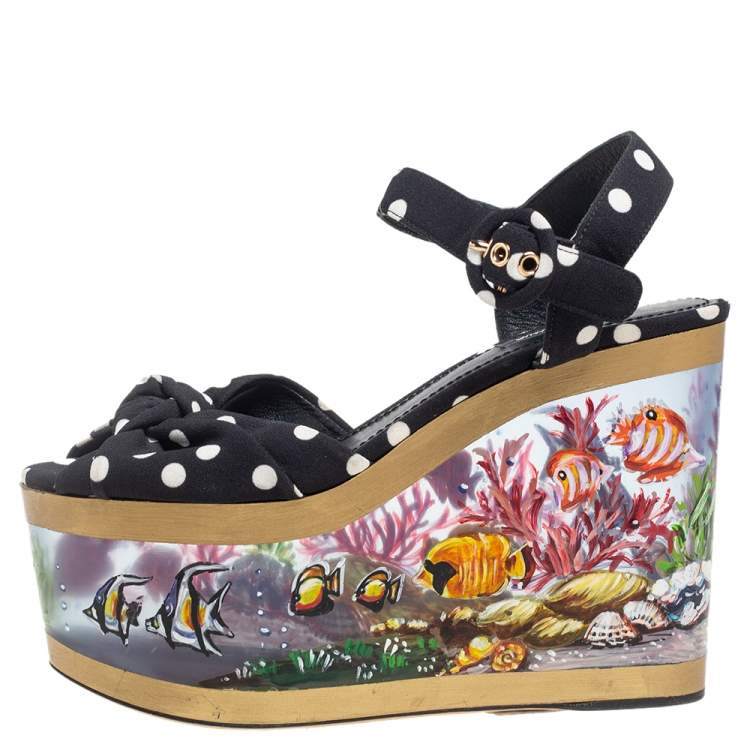 Pre Owned Dolce & Gabbana Black/White Knotted Polka Dot Fabric Cady Platform Wedge Sandals Size 37