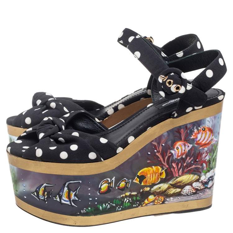 Pre Owned Dolce & Gabbana Black/White Knotted Polka Dot Fabric Cady Platform Wedge Sandals Size 37