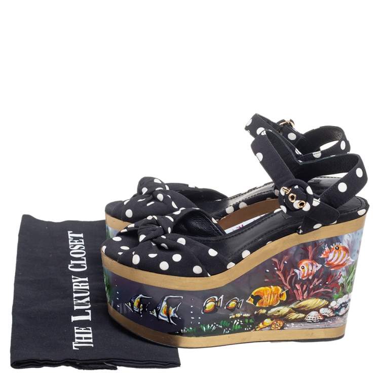 Pre Owned Dolce & Gabbana Black/White Knotted Polka Dot Fabric Cady Platform Wedge Sandals Size 37