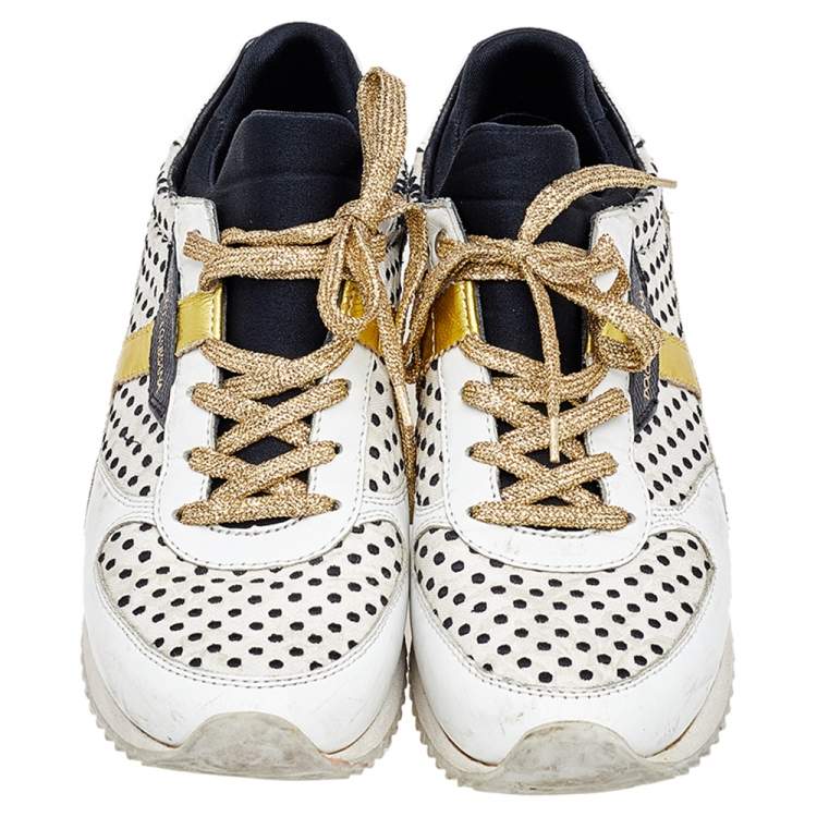 Pre Owned Dolce & Gabbana White/Black Polka Dot Leather Low Top Sneakers Size 38