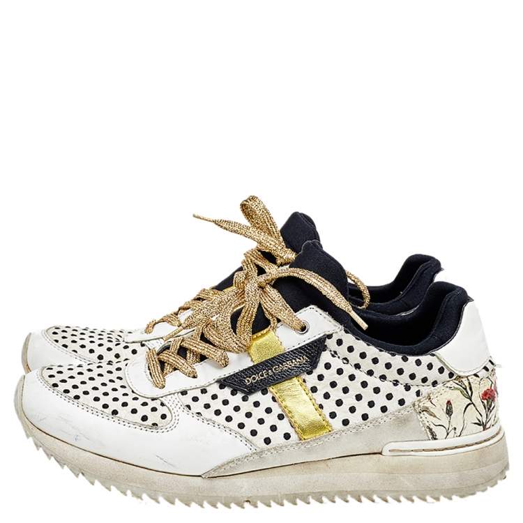 Pre Owned Dolce & Gabbana White/Black Polka Dot Leather Low Top Sneakers Size 38