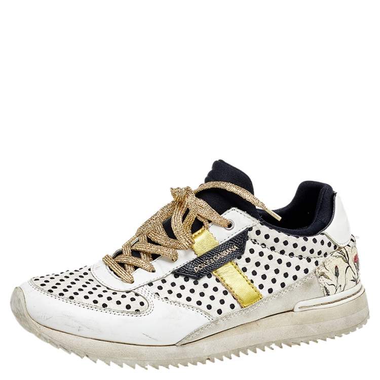 Pre Owned Dolce & Gabbana White/Black Polka Dot Leather Low Top Sneakers Size 38