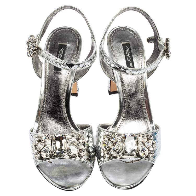 Pre Owned Dolce & Gabbana Silver Leather Embellished Block Heel Ankle Strap Sandals Size 40