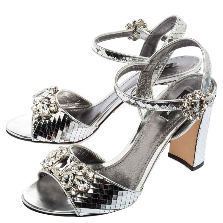 Pre Owned Dolce & Gabbana Silver Leather Embellished Block Heel Ankle Strap Sandals Size 40