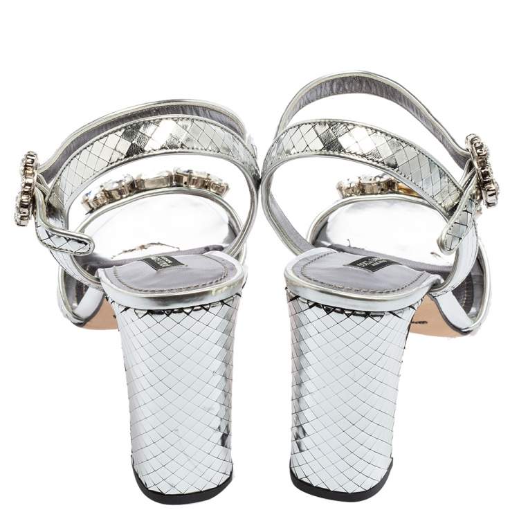 Pre Owned Dolce & Gabbana Silver Leather Embellished Block Heel Ankle Strap Sandals Size 40
