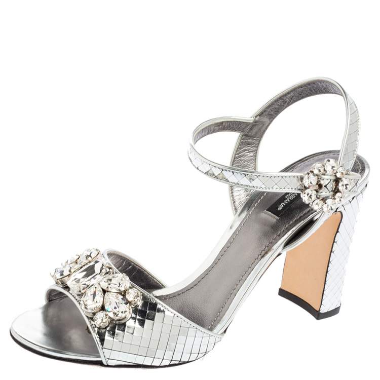 Pre Owned Dolce & Gabbana Silver Leather Embellished Block Heel Ankle Strap Sandals Size 40