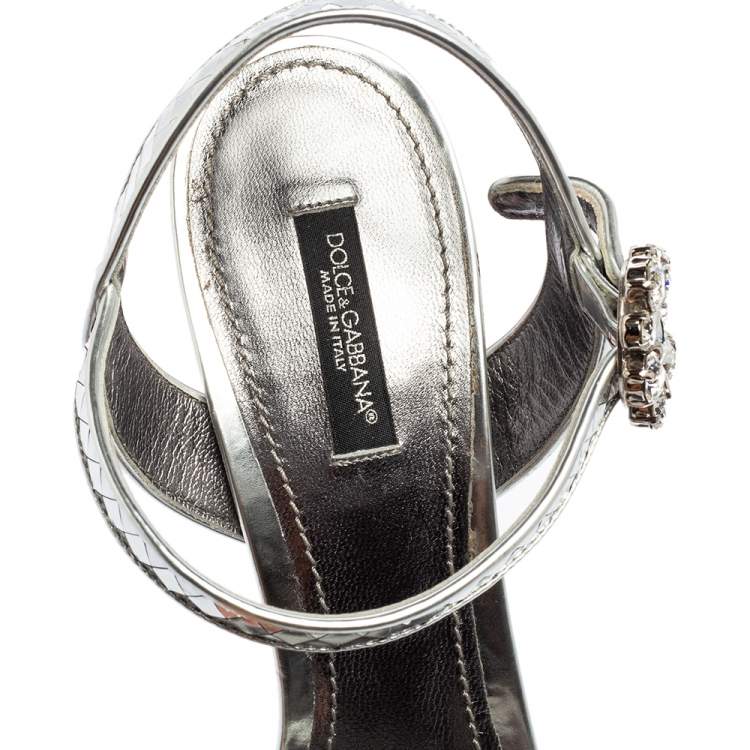 Pre Owned Dolce & Gabbana Silver Leather Embellished Block Heel Ankle Strap Sandals Size 40