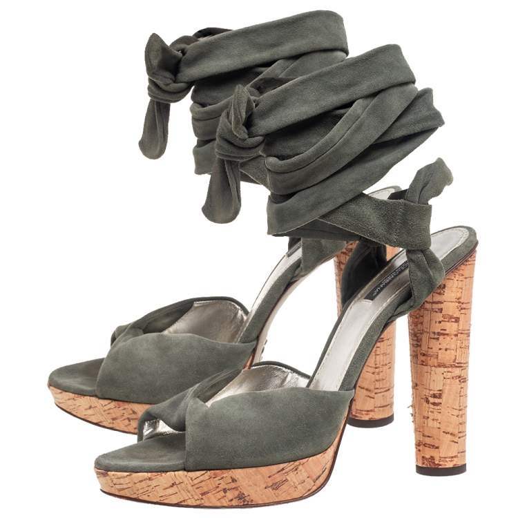 Pre Owned Dolce & Gabbana Army Green Suede Ankle-Wrap Sandals Size 41