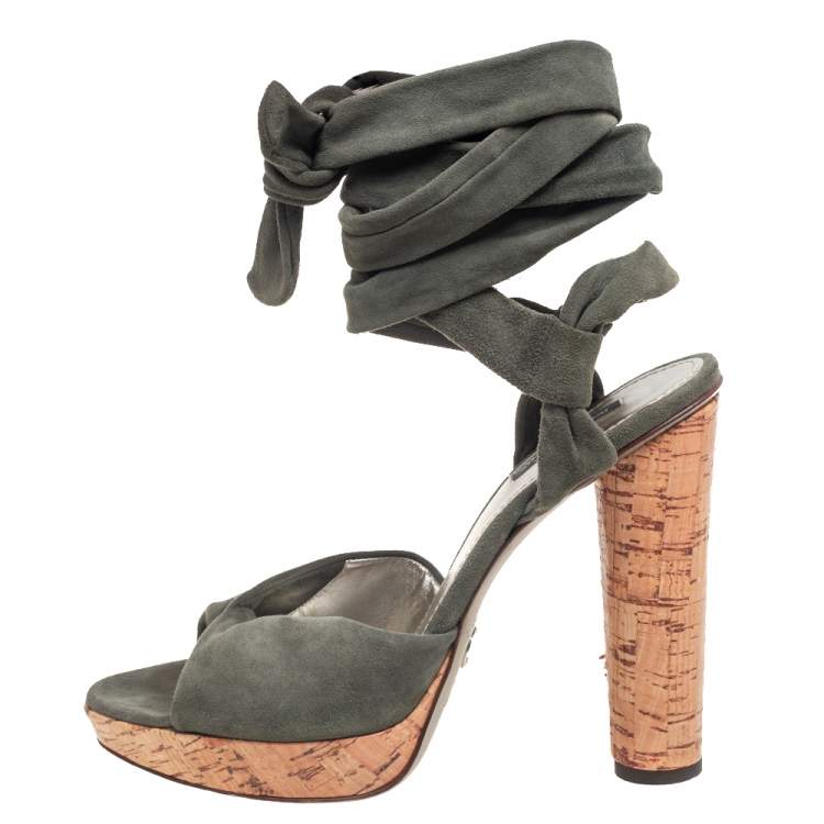 Pre Owned Dolce & Gabbana Army Green Suede Ankle-Wrap Sandals Size 41