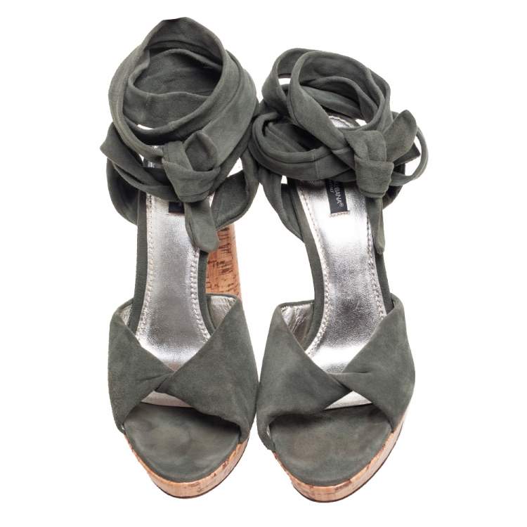 Pre Owned Dolce & Gabbana Army Green Suede Ankle-Wrap Sandals Size 41