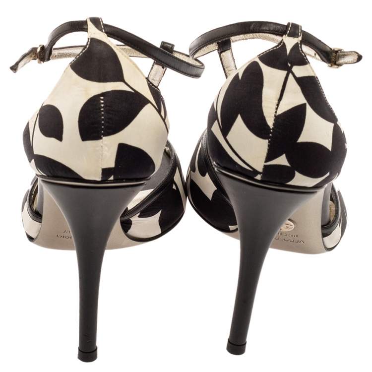 Pre Owned Dolce & Gabbana Black/White Printed Satin Ankle-Strap Sandals Size 41