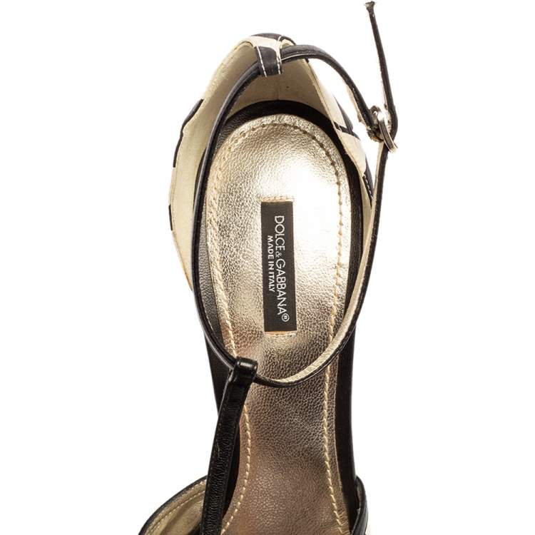 Pre Owned Dolce & Gabbana Black/White Printed Satin Ankle-Strap Sandals Size 41