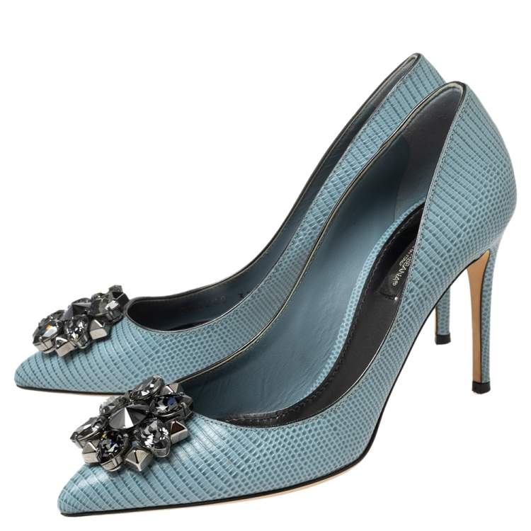Pre Owned Dolce & Gabbana Blue Lizard Embossed Leather Bellucci Crystal Embellished Pumps Size 37