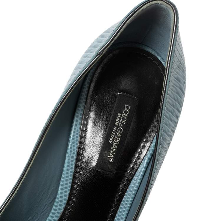 Pre Owned Dolce & Gabbana Blue Lizard Embossed Leather Bellucci Crystal Embellished Pumps Size 37