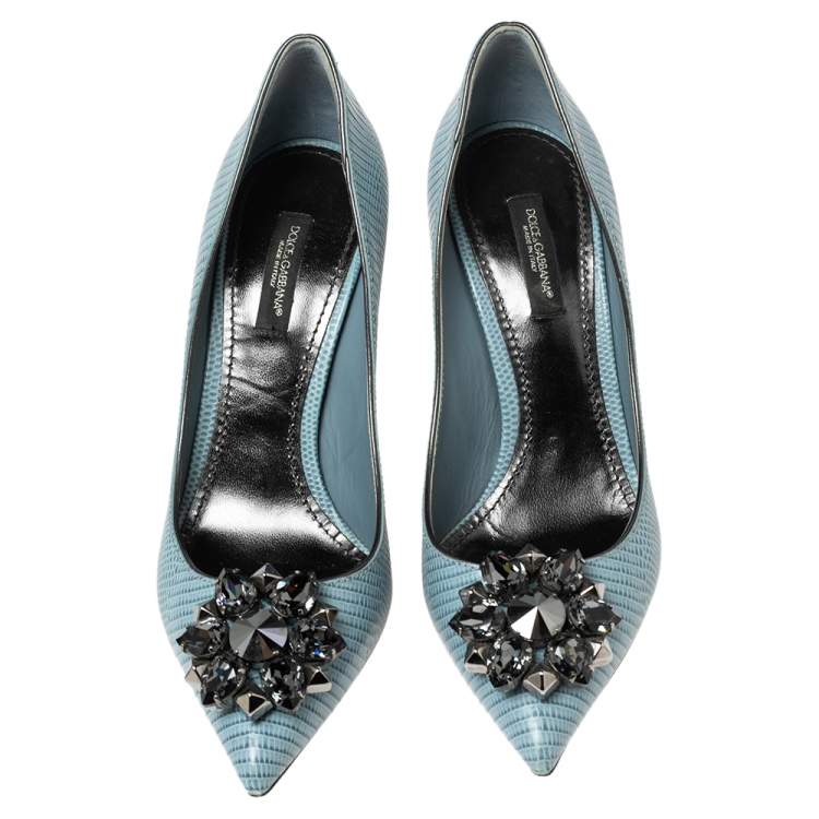 Pre Owned Dolce & Gabbana Blue Lizard Embossed Leather Bellucci Crystal Embellished Pumps Size 37