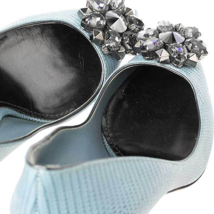 Pre Owned Dolce & Gabbana Blue Lizard Embossed Leather Bellucci Crystal Embellished Pumps Size 37