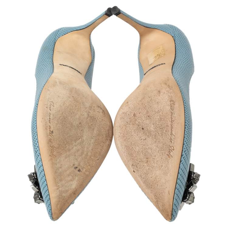 Pre Owned Dolce & Gabbana Blue Lizard Embossed Leather Bellucci Crystal Embellished Pumps Size 37