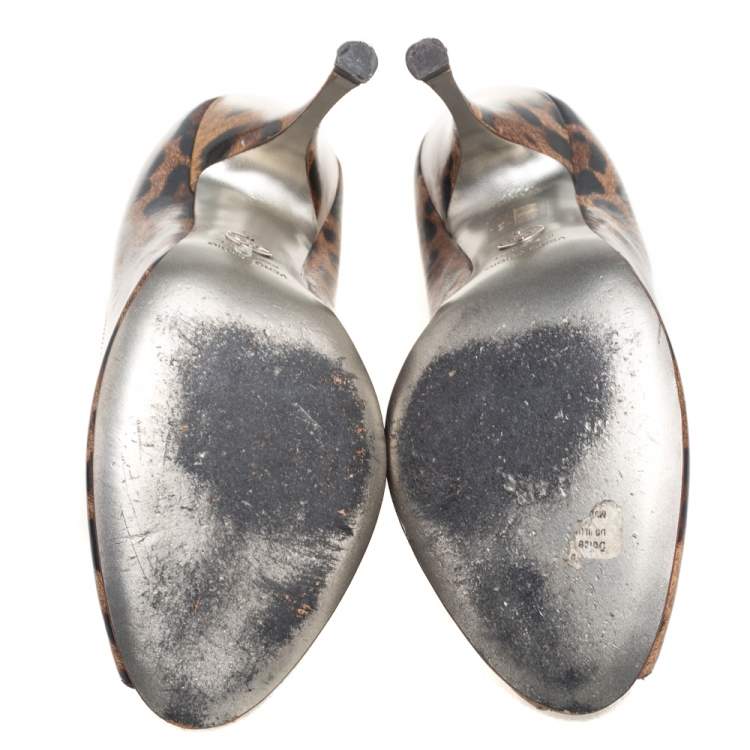 Pre Owned Dolce & Gabbana Brown/Black Leopard Print Leather Peep-Toe Pumps Size 41