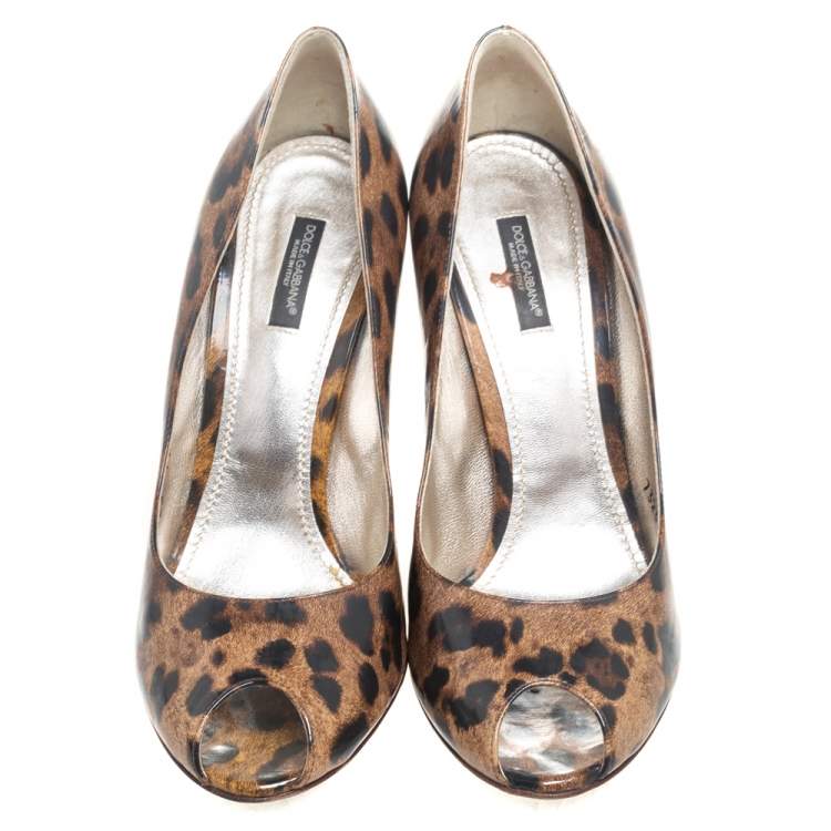 Pre Owned Dolce & Gabbana Brown/Black Leopard Print Leather Peep-Toe Pumps Size 41
