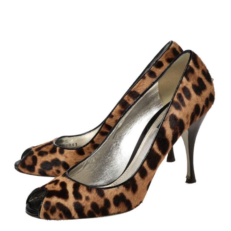 Pre Owned Dolce & Gabbana Beige/Brown Leopard Print Pony Hair Peep Toe Pumps Size 41
