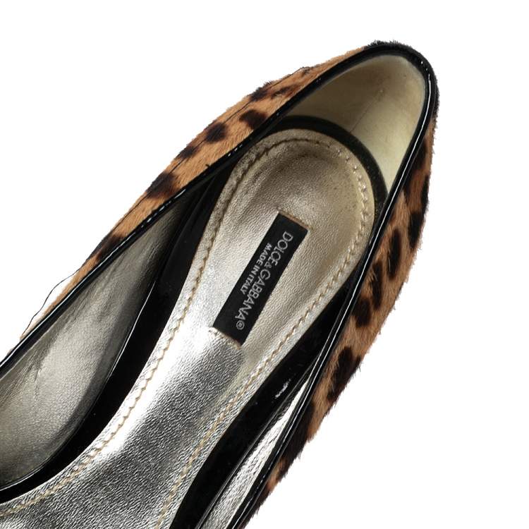 Pre Owned Dolce & Gabbana Beige/Brown Leopard Print Pony Hair Peep Toe Pumps Size 41
