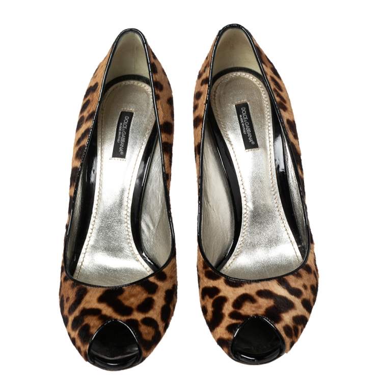 Pre Owned Dolce & Gabbana Beige/Brown Leopard Print Pony Hair Peep Toe Pumps Size 41