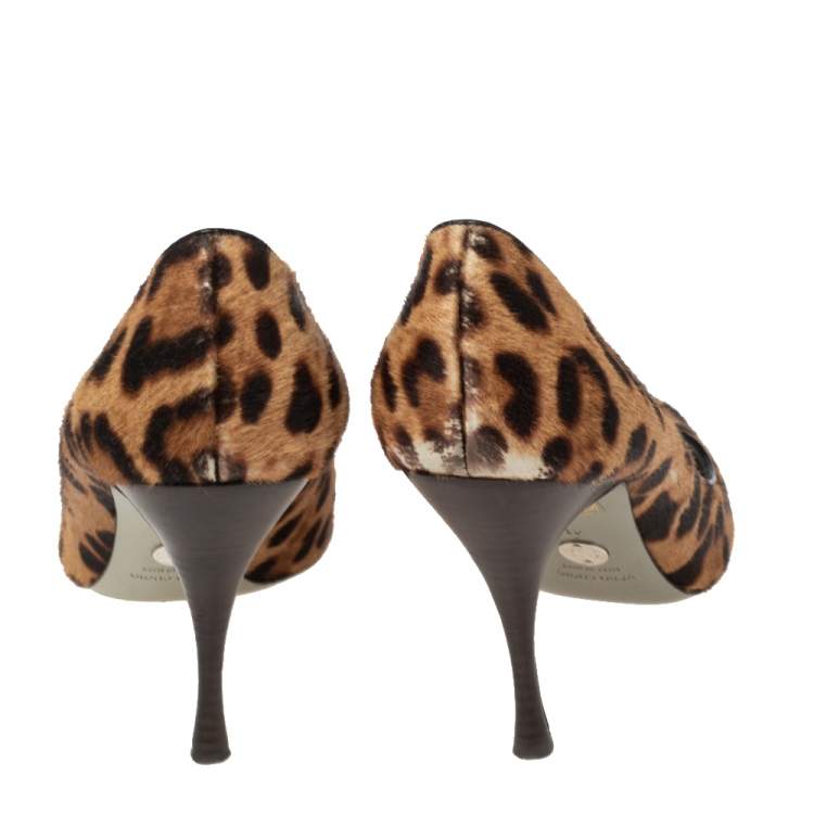 Pre Owned Dolce & Gabbana Beige/Brown Leopard Print Pony Hair Peep Toe Pumps Size 41