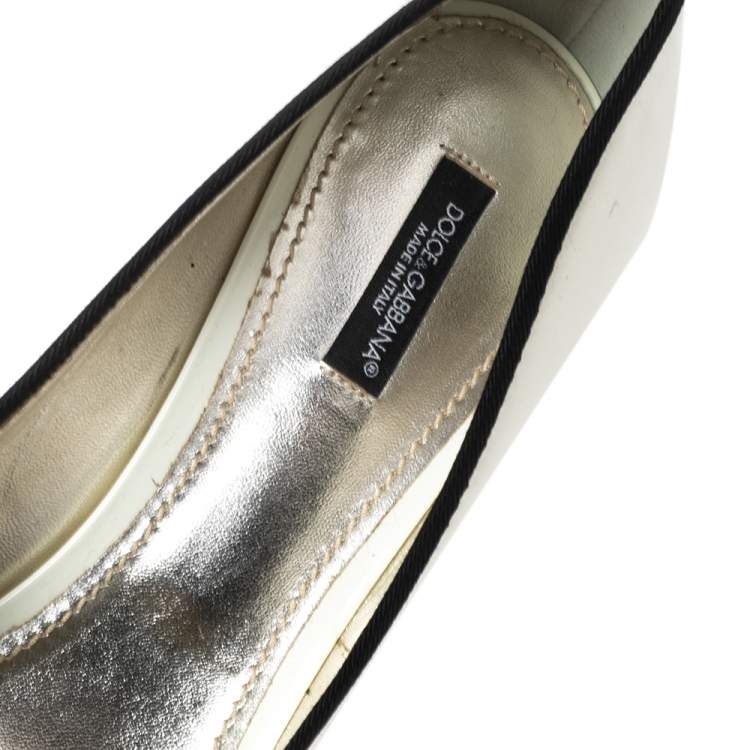 Pre Owned Dolce & Gabbana Off-White/ Black Patent Leather Buckle Strap Peep-Toe Pumps Size 41