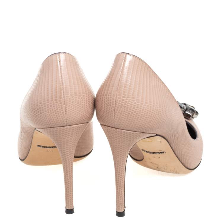 Pre Owned Dolce & Gabbana Beige Lizard Embossed Leather Crystal Embellished Bellucci Pumps Size 37.5